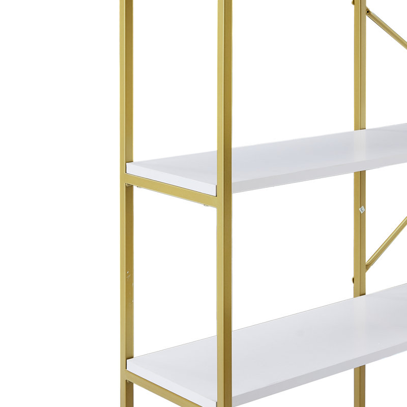 74.8 Inch 5 Tiers Office Bookcase Bookshelf, Display Shelf With Round Top, X Bar Gold Frame