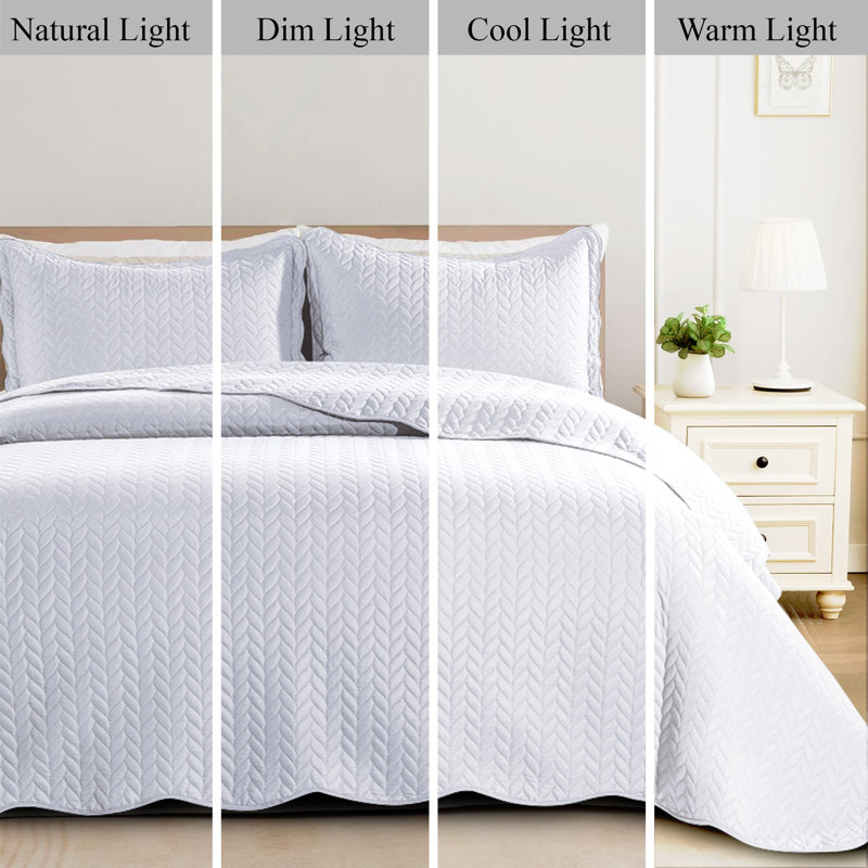 Ensemble de couvre-lit en microfibre embossée - Ensemble de literie moderne et léger avec taies décoratives, Blanc