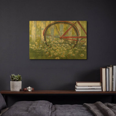 "Vélo par la clôture" par Carol Rowan, art mural en métal, 16 po x 12 po