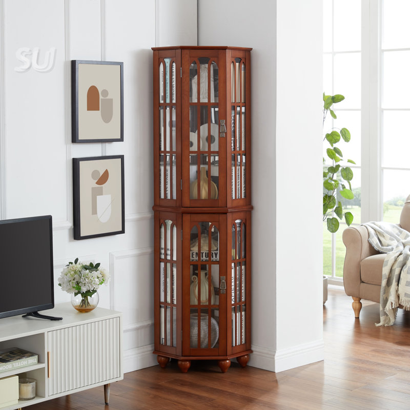 Corner Curio Cabinet with 4 Adjustable Tempered Glass Shelves and Lighting System, Walnut