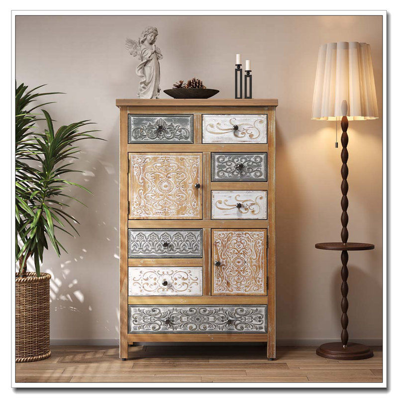 Commode décorative avec 6 tiroirs et 2 portes, coffre de rangement sculpté multicolore rustique