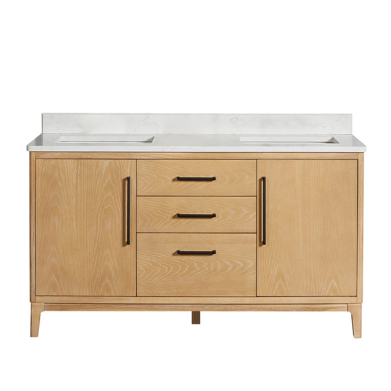 Meuble-lavabo double sur pied 60 po avec plateau Langosta, Gris cendré délavé