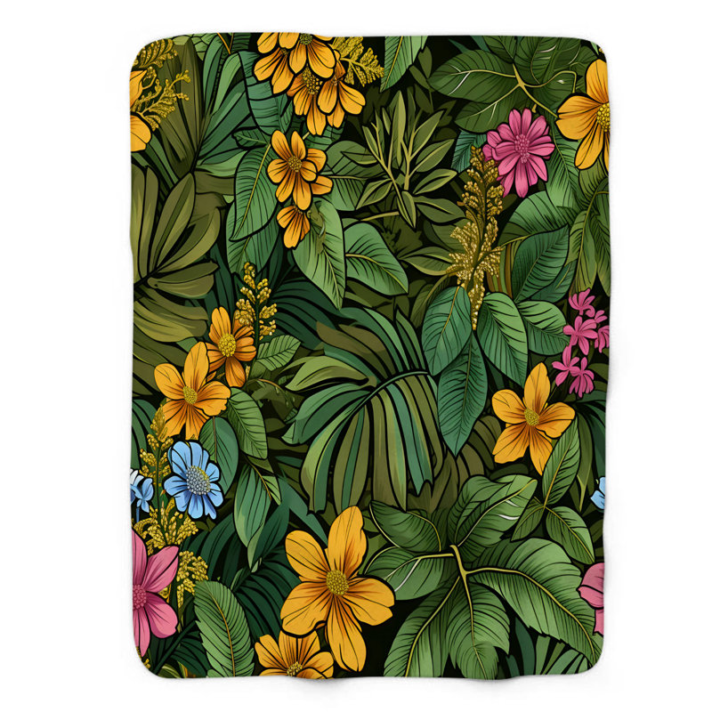 Vibrant Jungle Flower Delight - couverture en sherpa de qualité supérieure 1 pièce, Grand lit