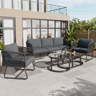 Beige Garden Furniture Set 5 Piece With Glass Table
