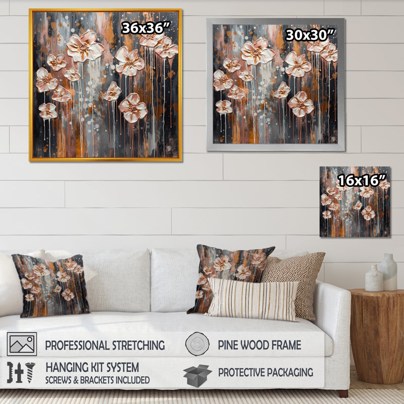 «Pink Roses In Bloom», reproduction sur toile, Encadrement doré, H 36 po x l 36 po x P 1,5 po