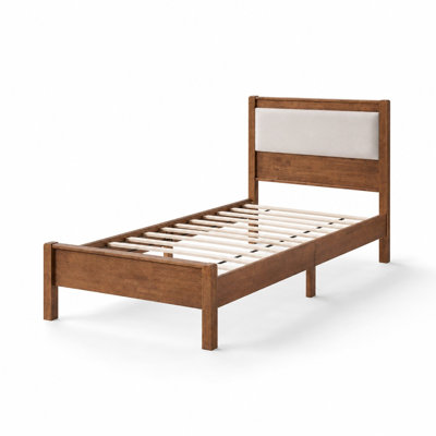 Lit plateforme en bois d'hévéa massif, format Twin XL, avec tête de lit rembourrée et capitonnée, pieds de soutien centraux renforcés et 12 lattes robustes.
