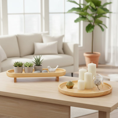 2-Piece Round Wooden Tray Set, Home Decor For Coffee Table & Kitchen