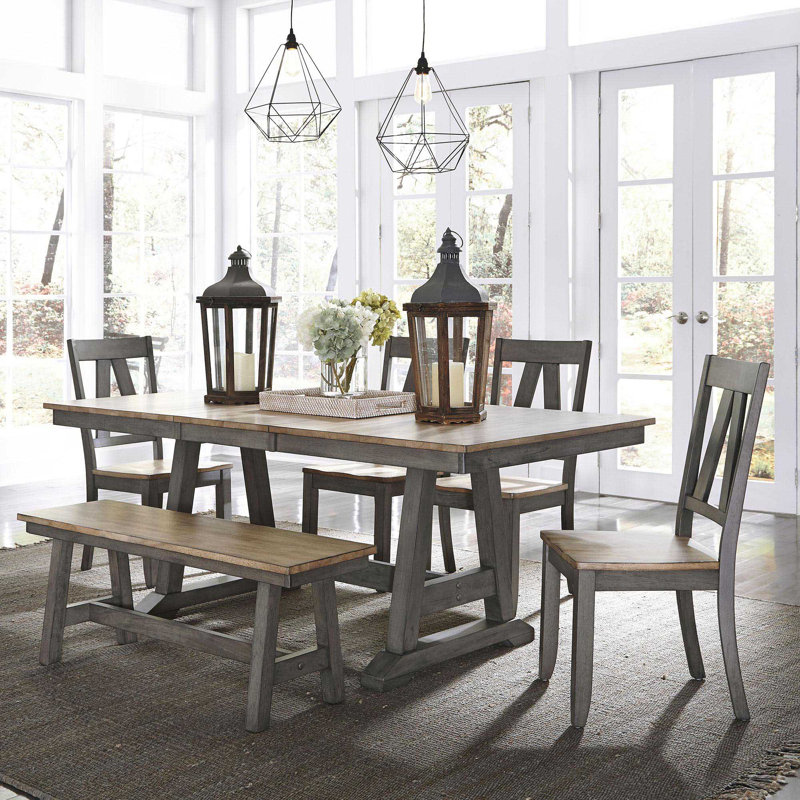 Keswick 6 Person Trestle Table Set w/ 4 Splat Back Side Chairs, 1 Bench, & 1 Server