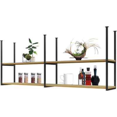 47.2" Industrial Ceiling-Mounted Floating Shelf, 2-Tier Wooden Hanging Wine & Kitchen Storage Rack by 17 Stories