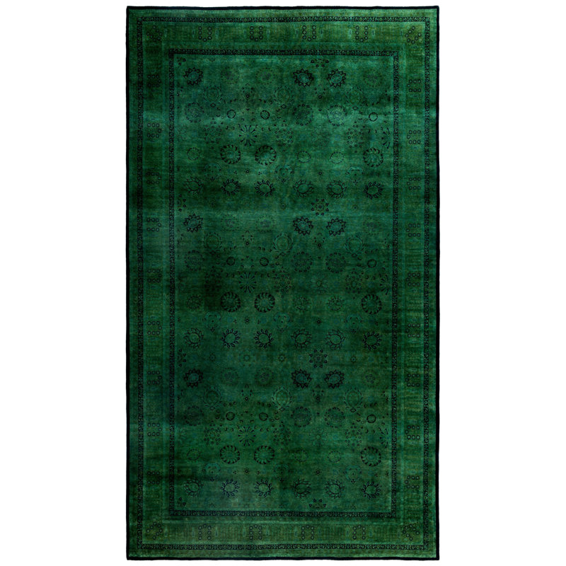 Tapis unique noué à la main Rachal - vert, 8 pi 2 po x 14 pi 6 po