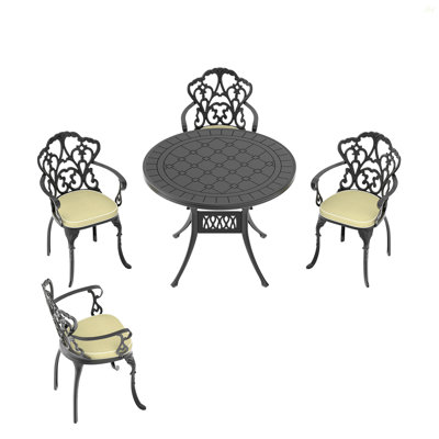 Ensemble de 5 meubles de patio en aluminium coulé avec cadre noir et coussins de siège blanc cassé