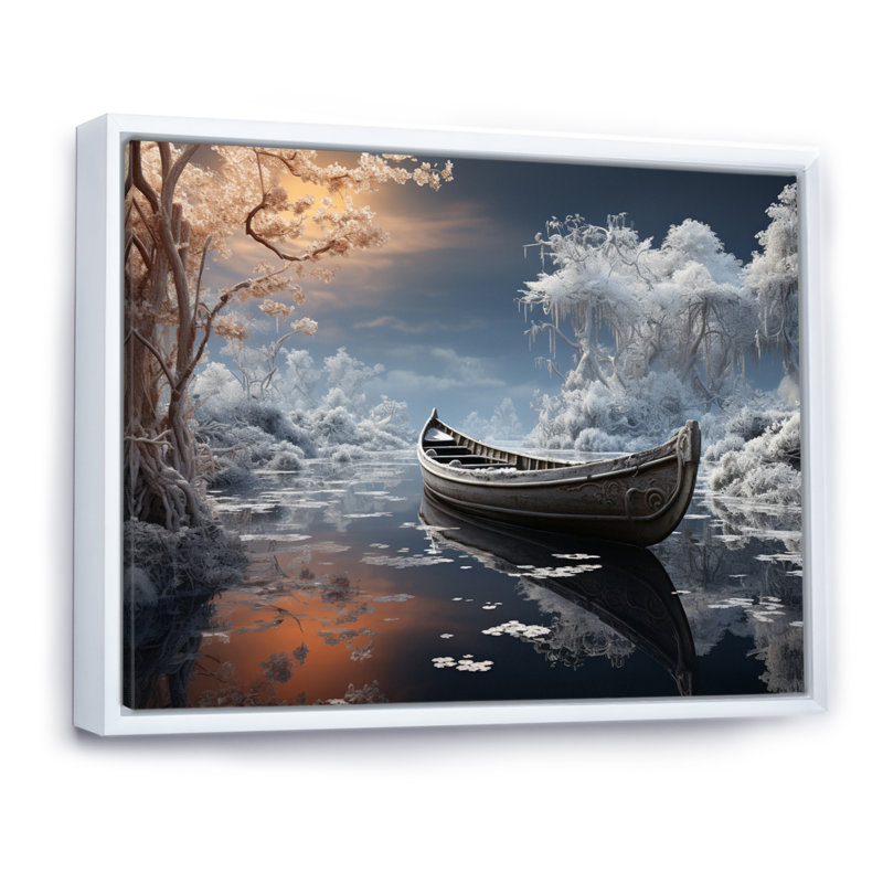 «Winter at the Lake», reproduction sur toile, 16" H x 32" W, Cadre flottant blanc
