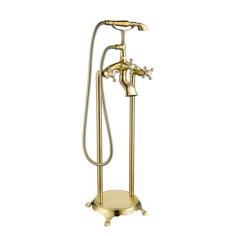 Triple Handle Floor Mounted Tub Filler With Handshower, Titanium Gold