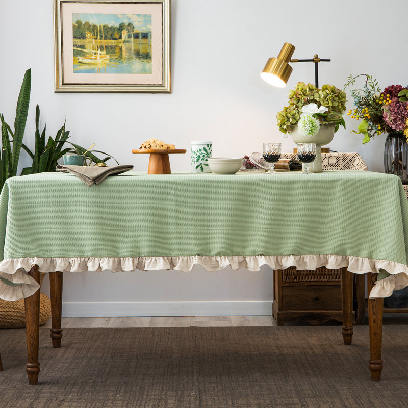 Waffle Weave Textured Rectangle/Oblong Tablecloth With Cotton Retro Ruffle Trim Solid For Farmhouse Decor, 84" L x 55" W