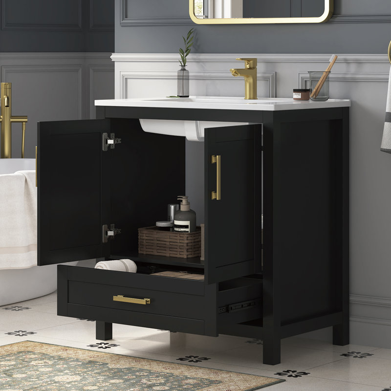 Meuble-lavabo simple autoportant avec plateau en composite Korde, Noir, 31"