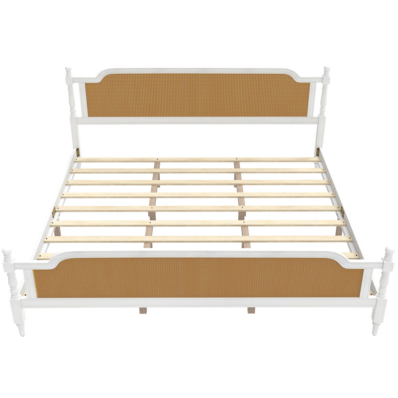 Platform Bed Frame with Natural Rattan Headboard and Footboard, Bohemian and Mid Century Style, Brown/White, Queen