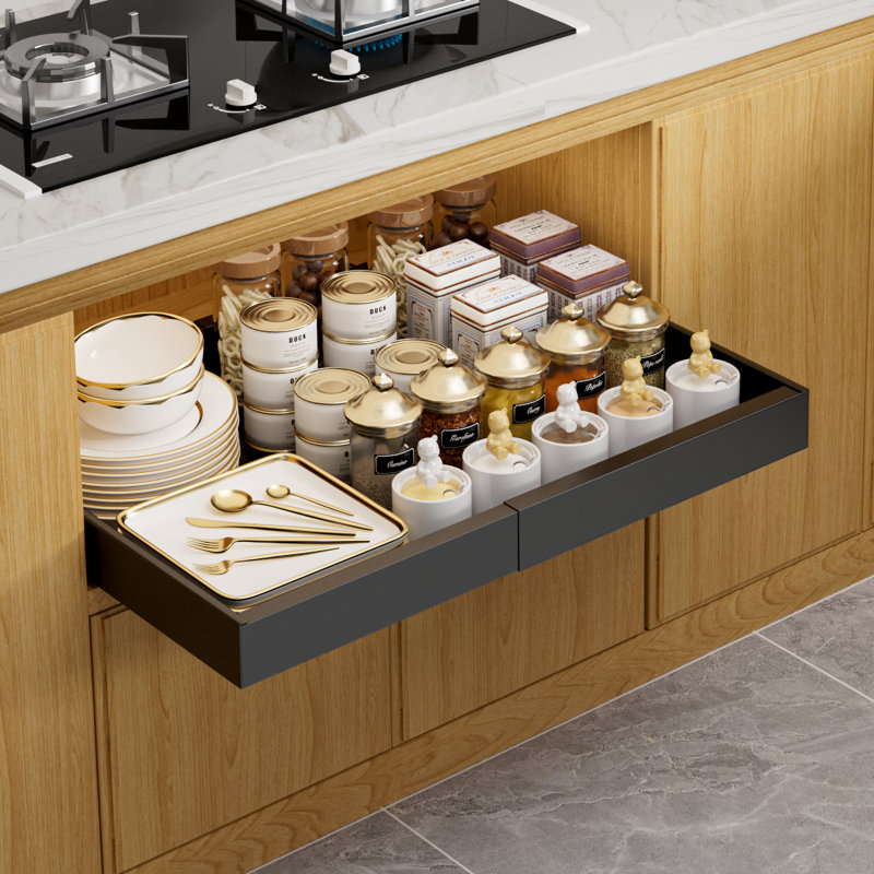 Organisateur d'armoire coulissant, tiroir de cuisine coulissant extensible avec 4 séparateurs, noir, paquet de 1, Noir