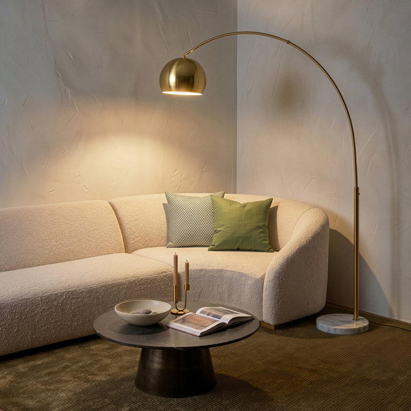 Olivia 75" Modern Industrial LED Arc Floor Lamp with Gold Brass Finish, White Marble Base, and Metal Bowl Shade, Bulb Included