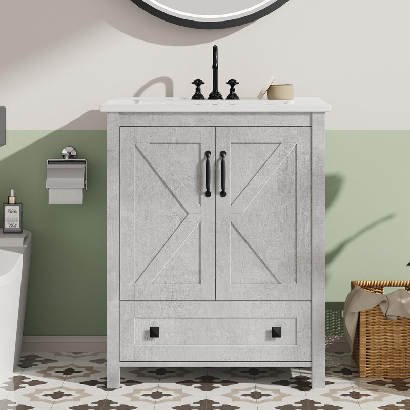Ensemble de meuble-lavabo Modern - armoire autoportante de 30 pouces avec lavabo en céramique, 2 portes et tiroir de rangement, imperméable et facile à assembler - gris ciment E7021-W, 30 pouces