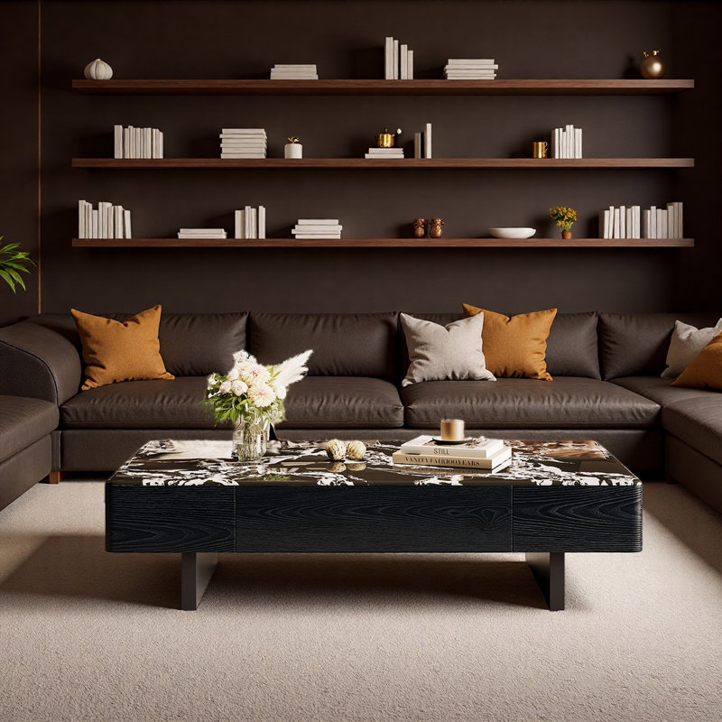 Table basse luxueuse en pierre micro-cristalline, Noir, H 13,8 po x L 59,1 po x l 29,5 po