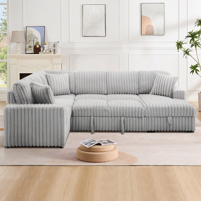122" Wide U-shaped Sofa With Usb Ports, Pull-out Bed, And Storage Chaise, Gray Corduroy