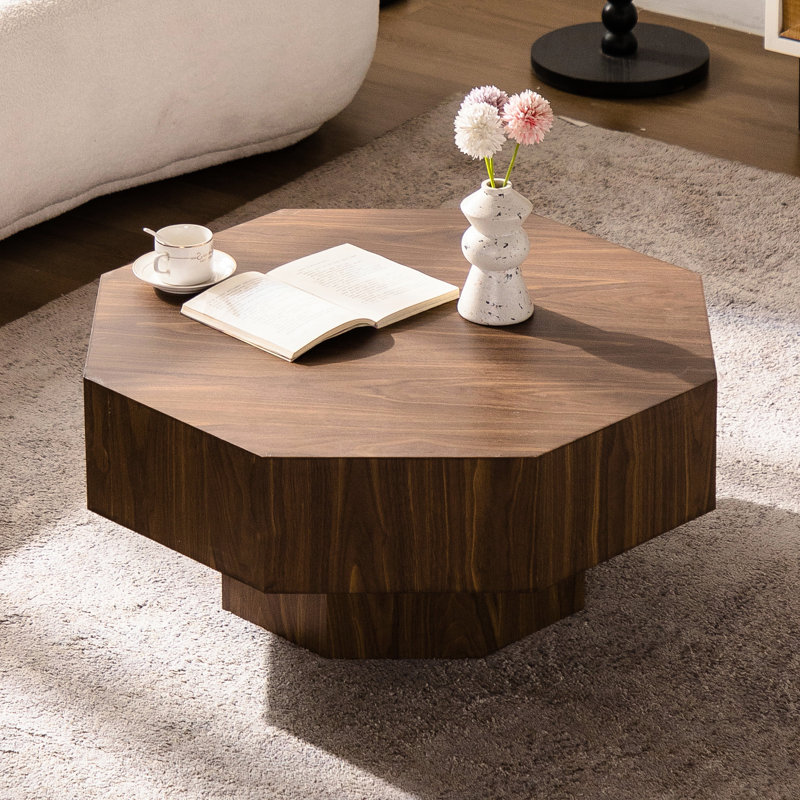 Table basse moderne de 29,69 pouces avec base de plancher et piédestal - couleur noyer, cadre pour bureau de salon, avec esthétique épinette minimaliste