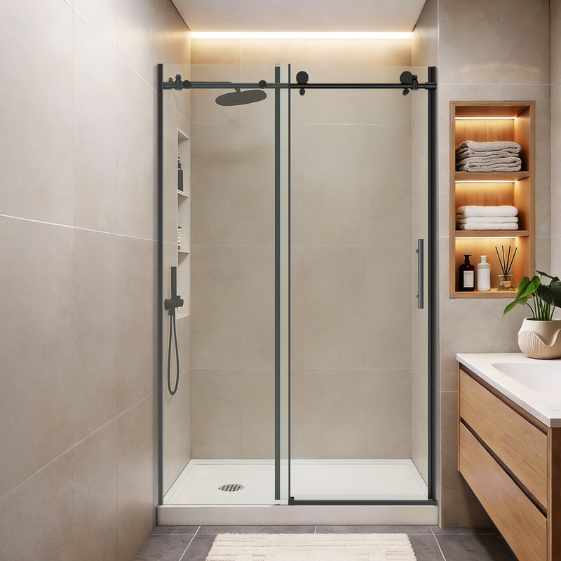 BCANHOME 44–48"W x 76"H Semi-Frameless Sliding Shower Door–10 mm (3/8") Tempered Glass | Stainless Steel Anti-Rust Hardware | Explosion-Proof Film, Easy-Clean Design, Smooth Sliding Performance | Clear & Stylish, Sturdy & Durable
