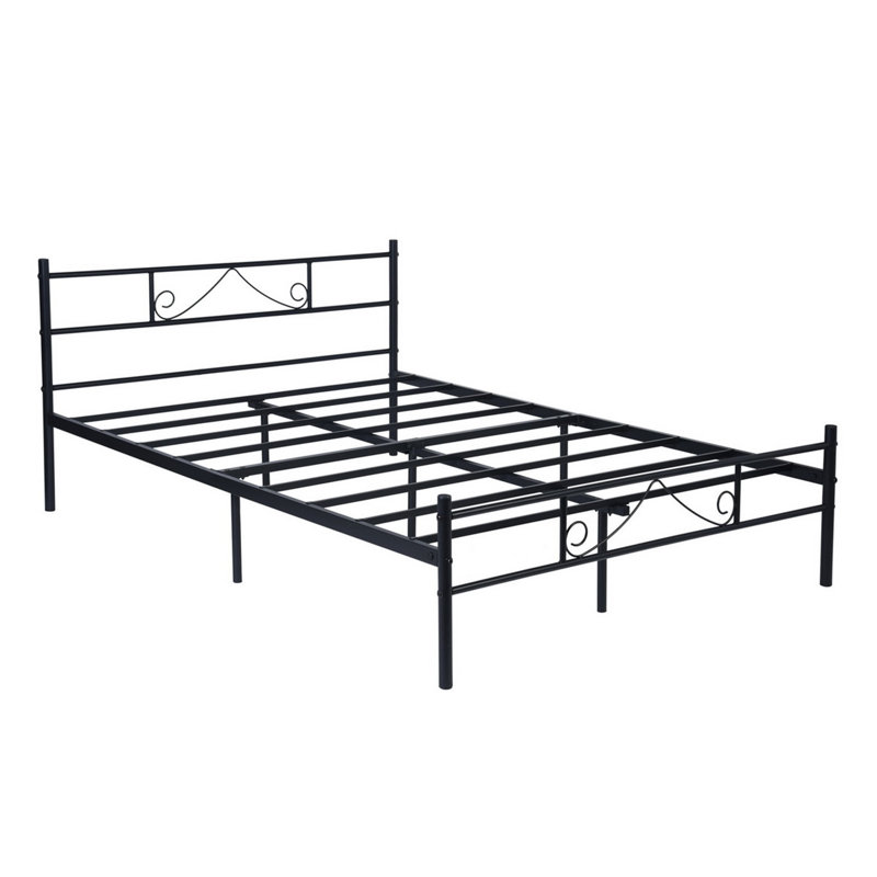 Metal Bed Frame with Beard Design Headboard, Double (4'6), Black