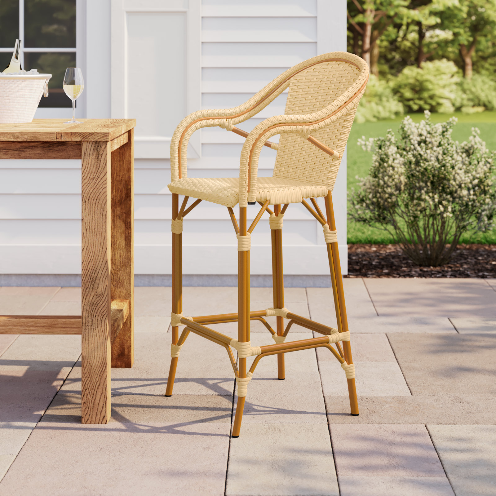 Popplewell 46.5'' Aluminum Outdoor Bar Stool, Natural, 29.5" H x 22.5" W x 25.5" D