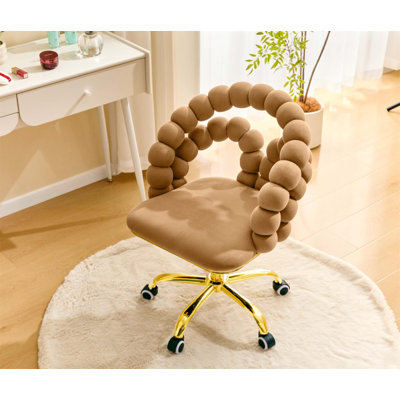Fauteuil de bureau en velours pivotant avec dossier à bulles, fauteuil de coiffeuse mignon à hauteur réglable avec base dorée et roulettes pour la chambre à coucher et la salle de maquillage
