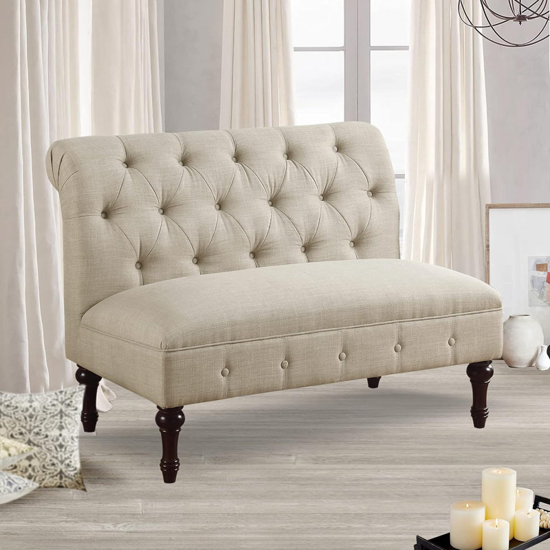 Upholstered Tufted Fine Polyester Chair Loveseat Sofa Bench with Armless Design Easy Assembly for Living Room Bedroom, Beige