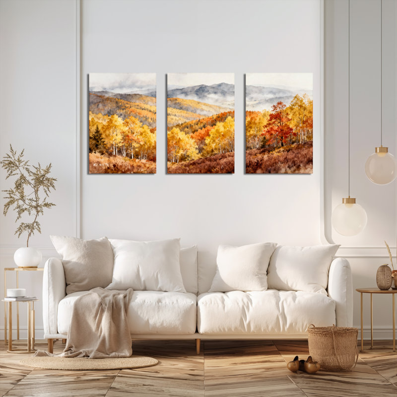 «Autumn Forest Landscape», reproduction d'art sur toile tendue sur toile (ensemble de 3), H 24 po x l 48 po