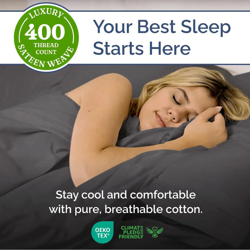 100% Cotton Sheet Set, 400 Thread Count Hotel Luxury Bedding, Soft & Breathable Bed Sheets, 4 Piece Set, Dark Gray
