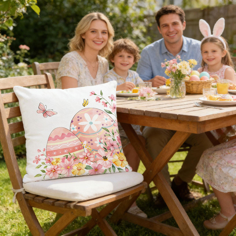 Taie d'oreiller sur le thème de Pâques avec un motif d'œufs de lapin et de fleurs, une taie décorative festive et des carrés de 45 po