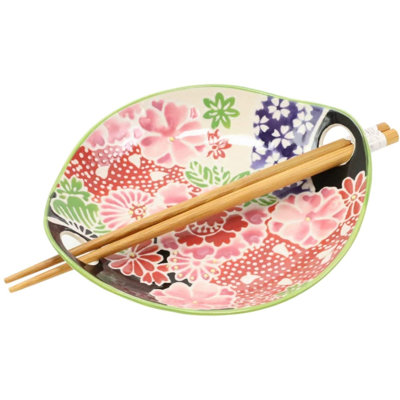 Pink Sakura Cherry Floral Blossoms Appetizer Snack Serving Coupe Plate Dish With Chopsticks And Built In Rest Set 7"L Small Flat Bowl For Hors D'oeuvres Sushi Ice Cream Serveware Plates (2)