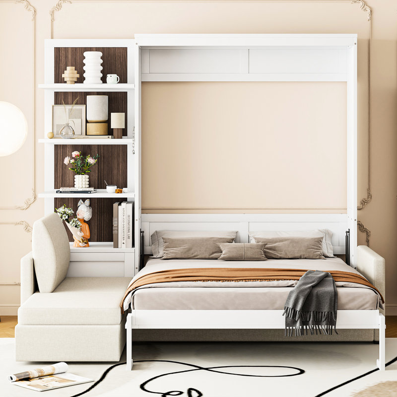 Grand lit blanc avec tablettes, confortable pour la nuit