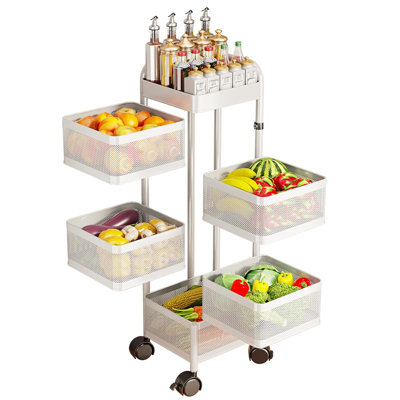 4/5-Tier Rotating Rolling Kitchen Storage Cart - Heavy-Duty Carbon Steel Utility Cart, Metal Mesh Basket Shelves, Locking Swivel Wheels, No Assembly, Pantry/Fruit & Veg/Bathroom Organizer