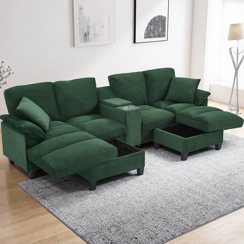 116.9" Modern U-shaped Sectional Sofa with Storage Ottomans, Center Console featuring Cup Holders & USB Ports, Corduroy Upholstered Sofa with Pillow Top Arms for Living Room