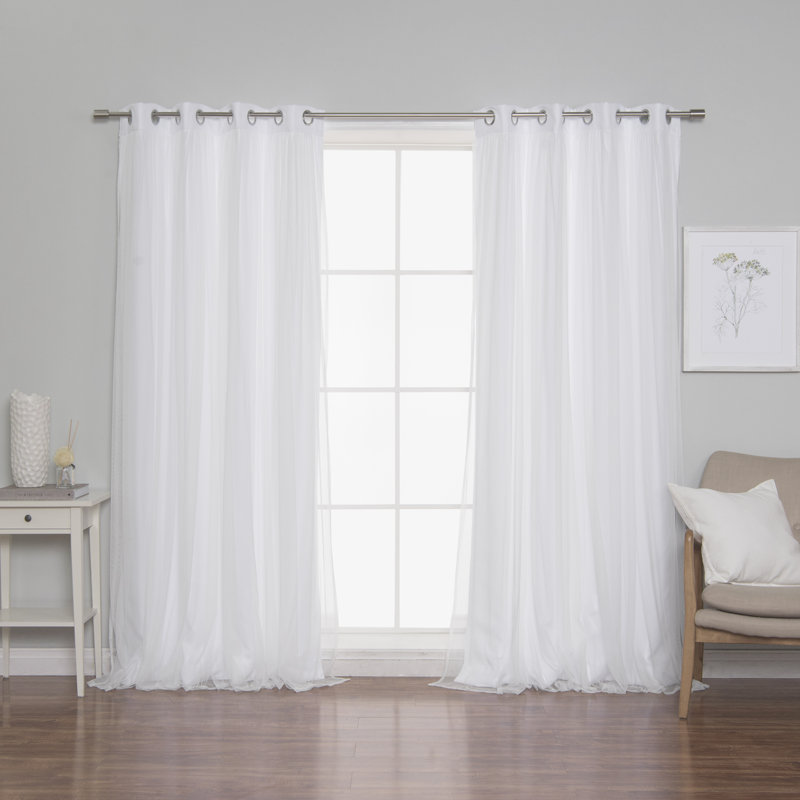 Fortuna Brockham Solid Tulle Overlay Room Darkening Grommet Curtain Panels, White, 52" W x 84" L