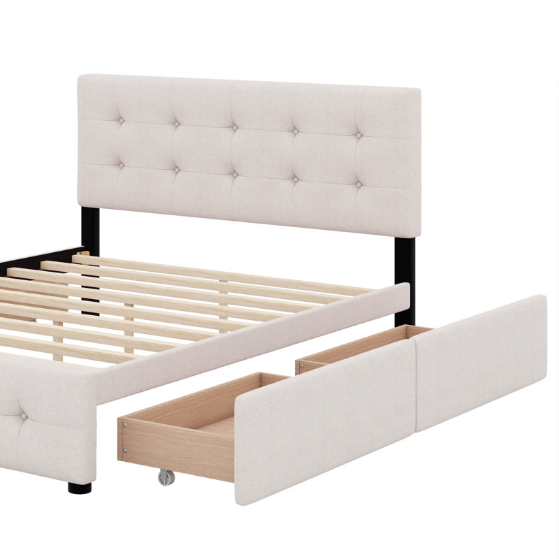 Grand lit plateforme tapissier avec tête de lit classique et 4 tiroirs, Beige