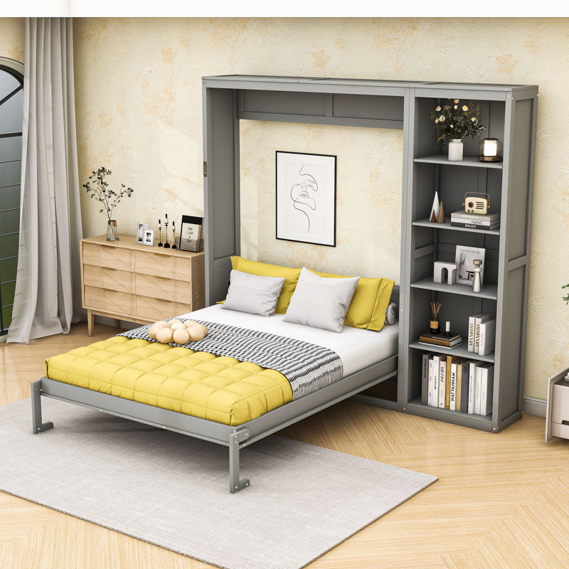 Lit escamotable en bois avec tablettes multifonctionnelles, Gris, Double