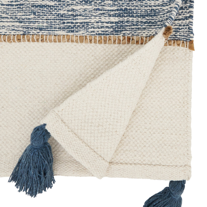 Textured Striped Tassel Table Runner, Navy Blue