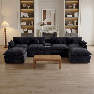 145" U Shaped Cloud Couch Sectional, Oversized Star-Black Chenille Cloud Couch, Large Comfy Fluffy Modular Sectional Sofa, 6 Seat Sectionals Sofa Set