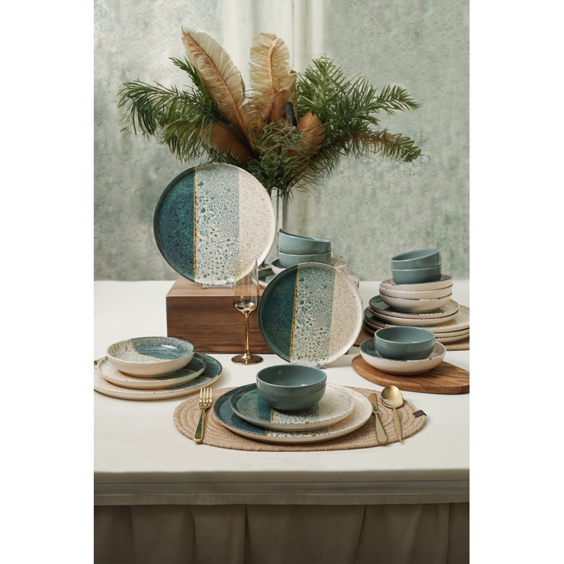 Service de table 24 pièces, grès céramique vert et crème | Antibactérien, résistant aux chocs thermiques, facile à nettoyer | Comprend 6 assiettes de service (11 po), 6 assiettes à dîner (7 po), 6 bols (4,7 po), 6 assiettes à dessert (8,7 po) | Va au lave-vaisselle et au micro-ondes
