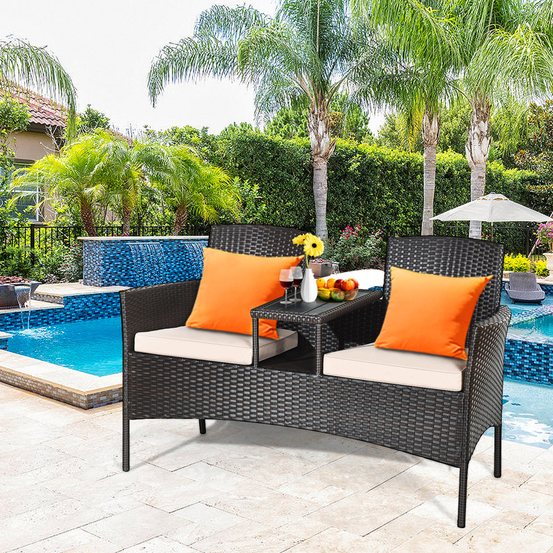 Wicker 2 - Person Patio Conversation Set with Cushions, Beige