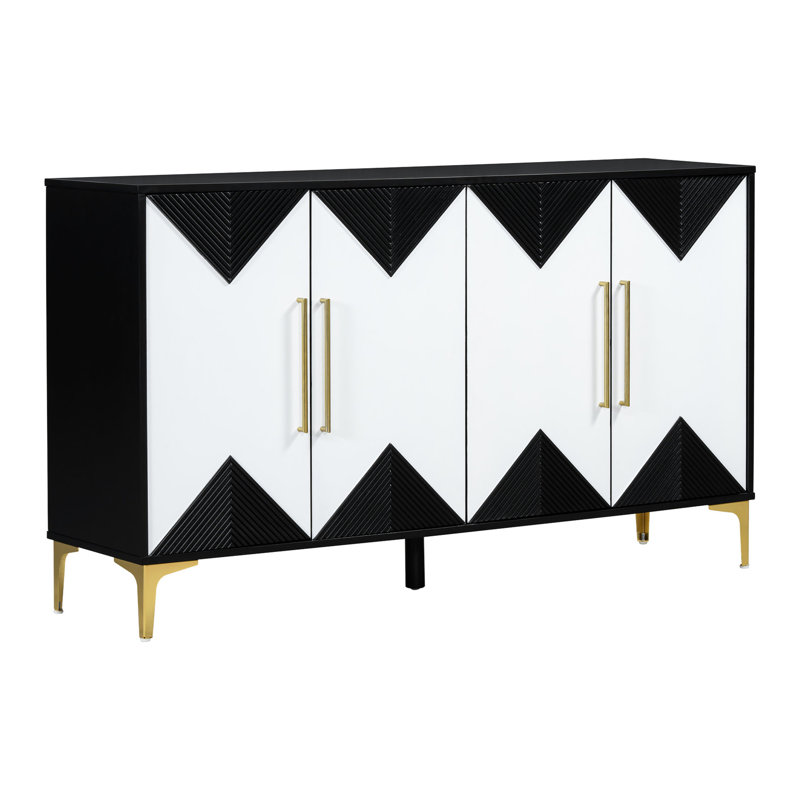 Armoire moderne avec construction - tablettes spacieuses et motif triangulaire chic à quatre portes polyvalent, Noir / blanc