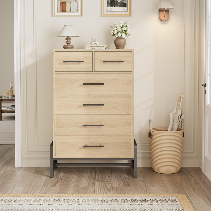 Commode 6 tiroirs pour chambre à coucher, commode autoportante de 46,6 po de hauteur avec rangement, commode en bois pour le salon, la chambre à coucher