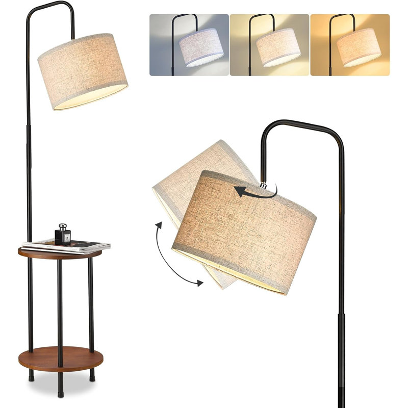 Modern Floor Lamp For Living Room, Solid Wood Side Table Lamp With Grey Fabric Drum Shade, 3-Color Temperatures End Table Standing Light For Bedroom, Living Room, LED Bulb Included, Matte Black