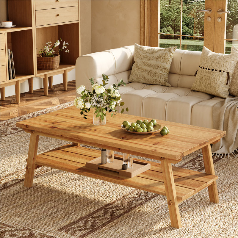Table basse de 47 po en bois massif avec rangement, table de bout rectangulaire à 2 niveaux pour le salon, finition naturelle
