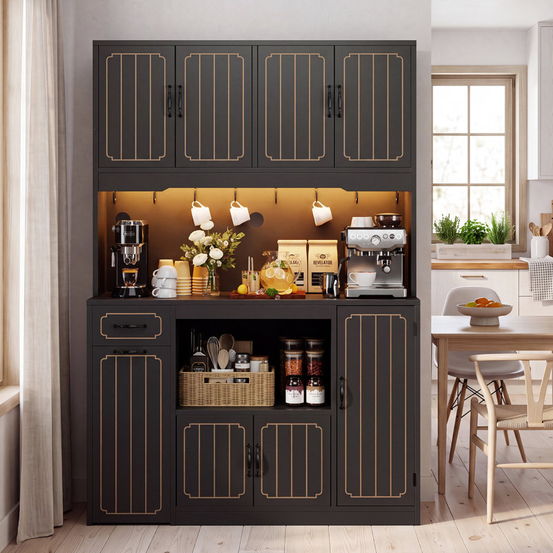 Armoire de cuisine avec crochets, tablettes réglables et tiroirs, Black